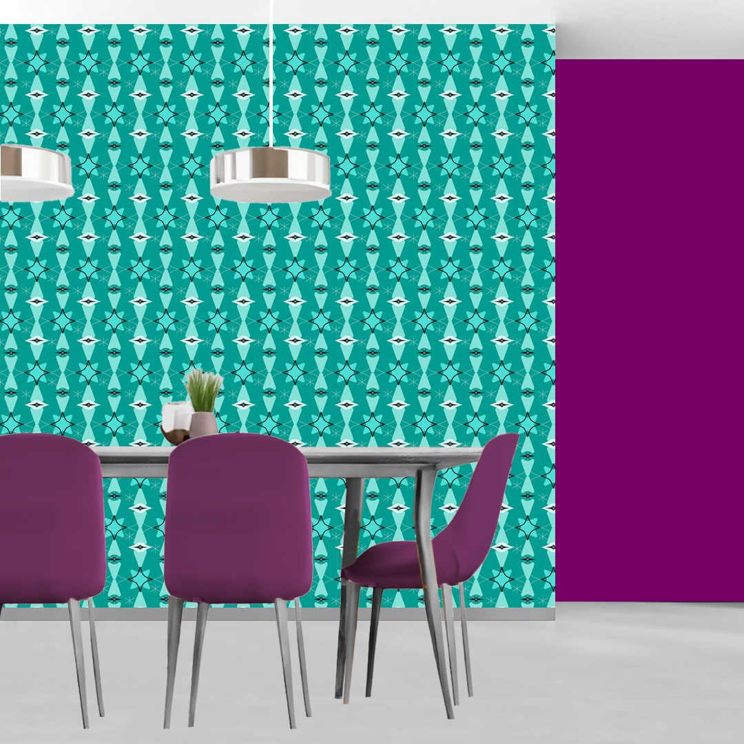 The artwork features a repeating geometric pattern of symmetrical shapes resembling elongated, curved diamonds or petals in various shades of blue and green. Each shape is split vertically with one half filled with a light blue and the other half filled with green or darker blue. The background is a light, almost pastel blue, which provides a soft yet vibrant backdrop. One of the blue shapes near the upper left contains a white starburst element, adding a focal point of brightness to the composition. The overall design conveys a modern, mid-century aesthetic with clean lines and harmonious color contrasts.